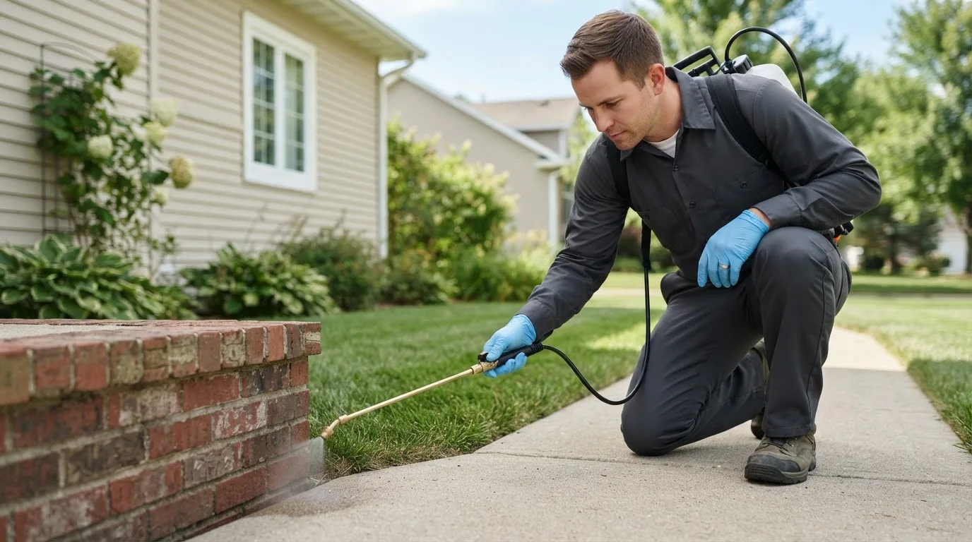 Pest control technician treating a home near De Witt, NE