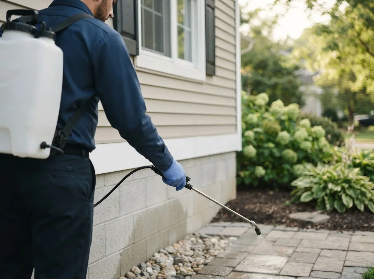 Pest control technician inspecting a home in De Witt, NE